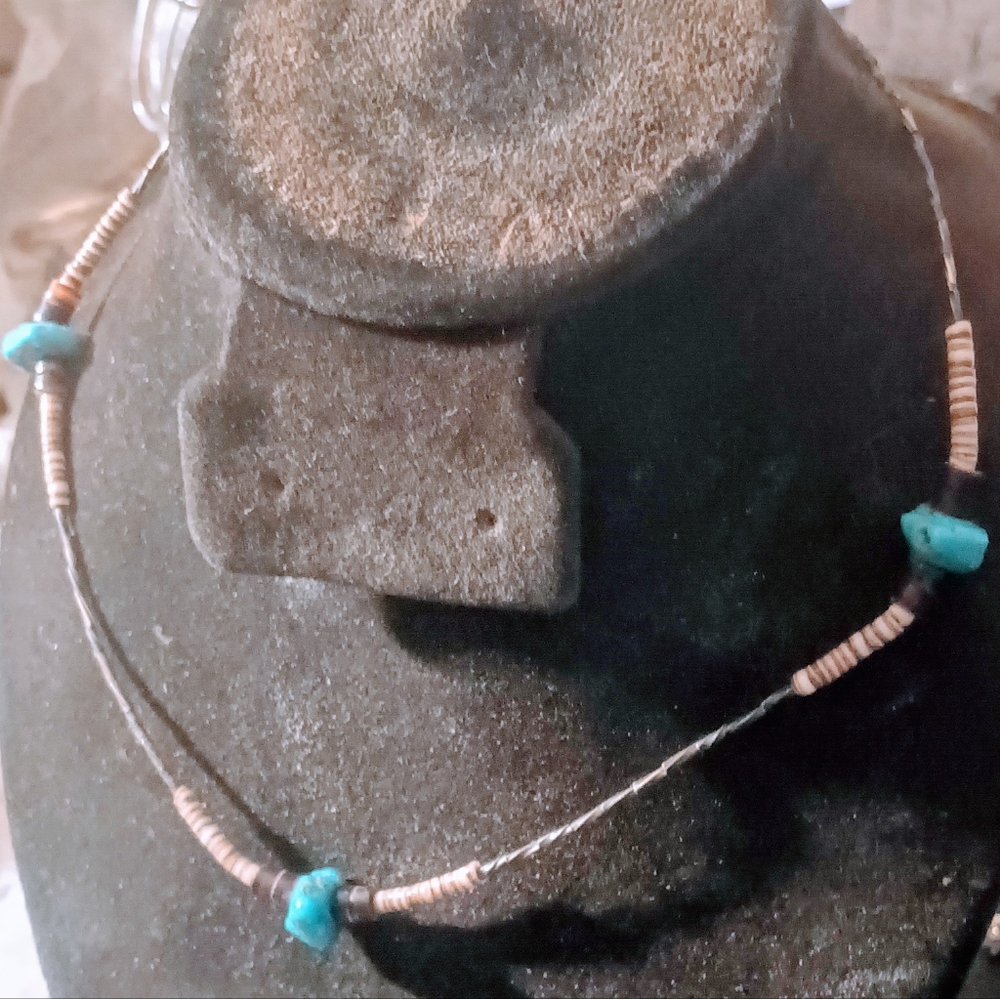 Vintage Silver Turquoise Gemstone and brown shell Native  chocker  Necklace.